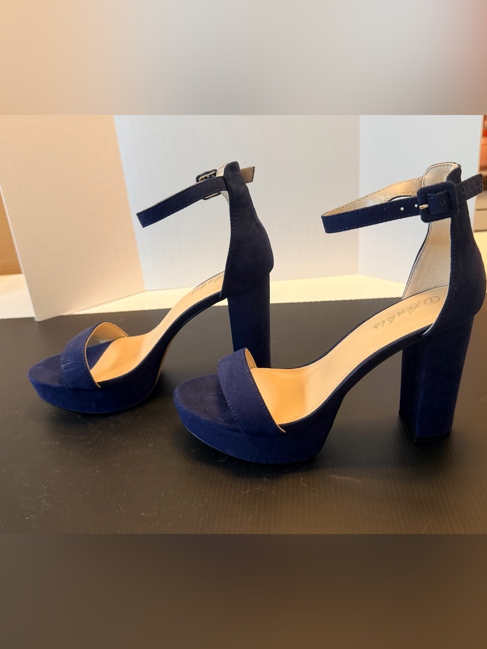 Women's Navy Suede Ankle Strap Block Heel Sandals Size 7